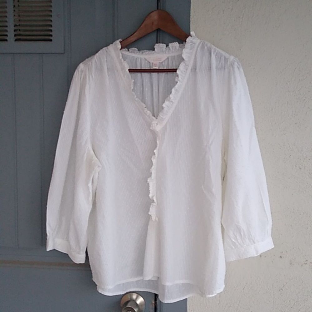 LC Lauren Conrad White Ruffled V-Neck Blouse